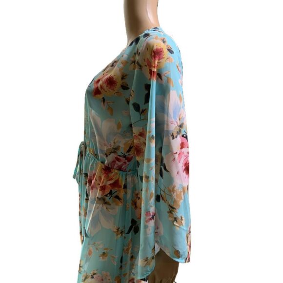 Privy Blue Floral Print V-Neck Long Sleeve Cinched Waist Maxi Dress Wrap Size M - Picture 12 of 16